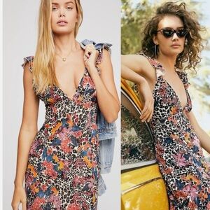 Free People Josie Mini Dress Womens Large Floral Deep V Neck NWT
